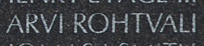 Engraved bane on The Wall of Warrant Officer Arvi Rohtvali, U.S. Army